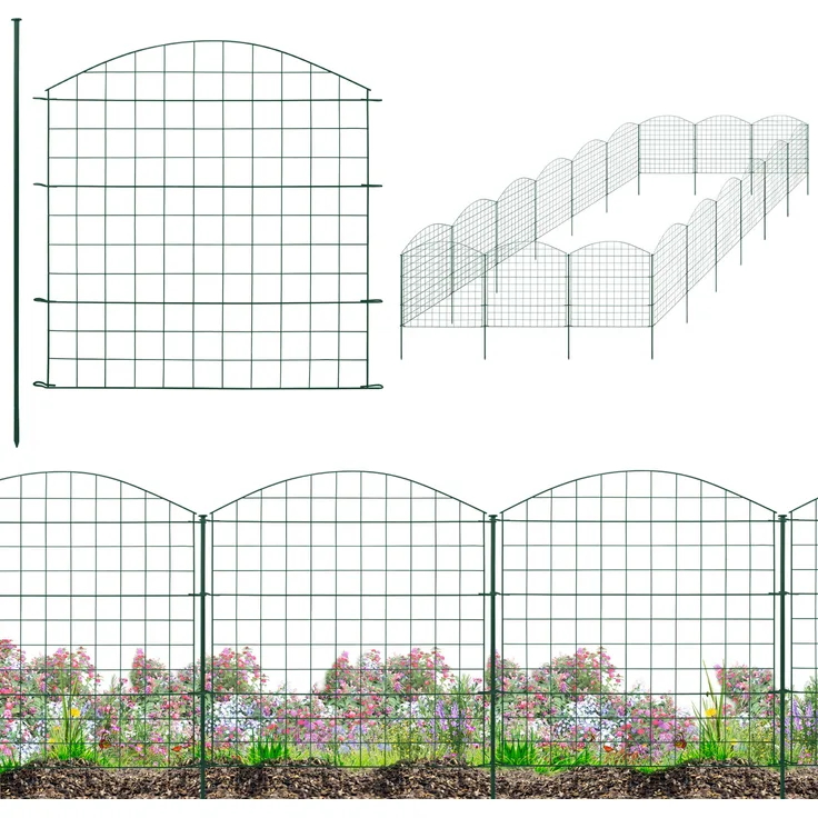 V2Aox Steckzaun Gartenzaun, 18 Elemente, 78 cm hoch, Metall, Oberbogen, Grün, Maschenweite 6 x 6 cm, ideal für Teiche und Tiergehege