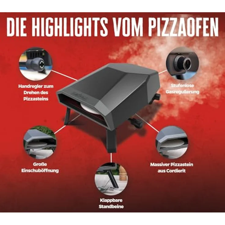 Grillfürst Gas Pizzaofen 305, mit drehbarem Cordierit-Pizzastein, bis 400 °C und klappbaren Füßen, mattschwarz – Bild 3