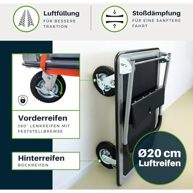PROREGAL® Transportwagen RHINO 300, Klappbarer Profi-Transportwagen mit 2x 360° Lenkrollen, 2x Bockrollen & Feststellbremse, Traglast bis 300 kg, rutschfeste Ladefläche 78x60 cm – Bild 4