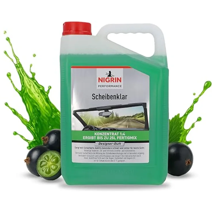 NIGRIN Scheibenklar Konzentrat 1:4, Reinigungszusatz für Autoscheiben und Scheinwerfer, 5 Liter, entfernt Insekten, Öl und Fett streifen- und schlierenfrei, mit Griffmulde, ab 5°C, Designer Duft