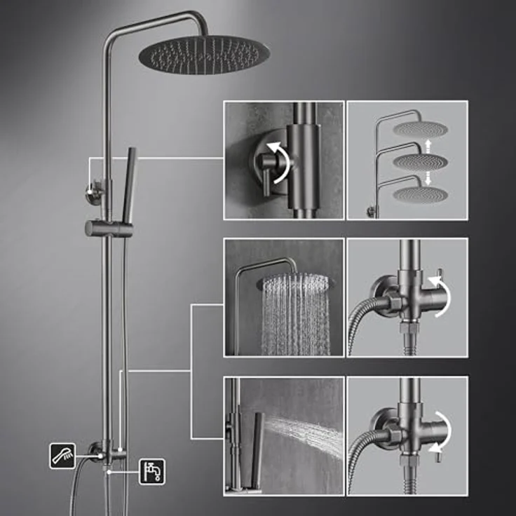 Görbach Regendusche Duschsystem, Rund 20 cm, Edelstahl Duschkopf, Gunmetal Grau, verstellbare Duschstange, ohne Armatur – Bild 5