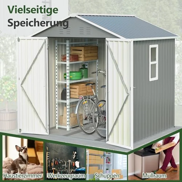 Thanaddo Metall Gerätehaus Gartenhaus 185x182x191cm, Grau, mit Fenster & Satteldach, wetterfest inkl. Metallfundament - Geräteschuppen für Outdoor Garten Terrasse – Bild 5