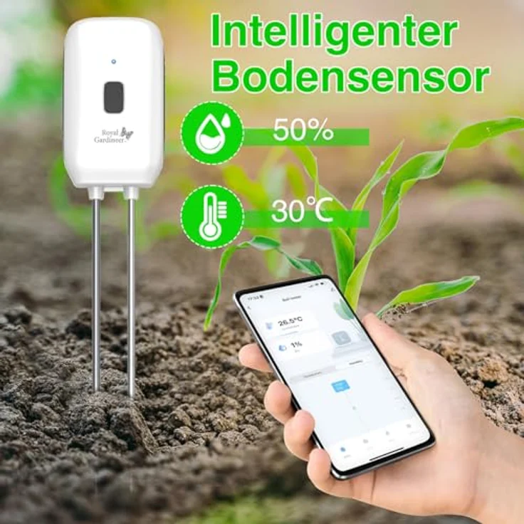 Royal Gardineer Bodentemperatur Sensor: 2er-Set Boden-Feuchtigkeits-&Temperatur-Sensoren mit WLAN-Gateway, App (Feuchtigkeitsmesser Böden, Temperaturtester) - Weiß – Bild 2
