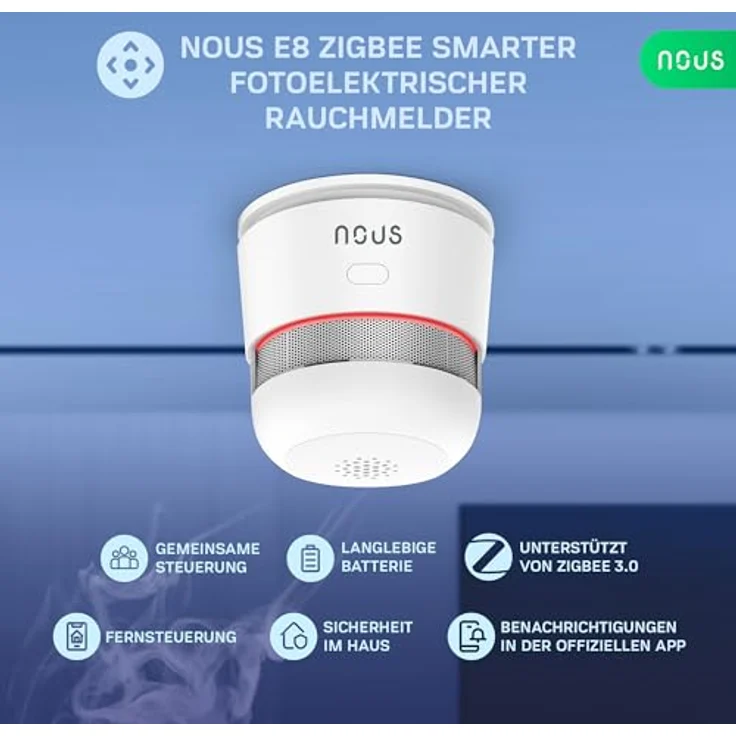 NOUS E8 ZigBee Smart Rauchmelder, fotoelektrischer Sensor, TÜV Rheinland zertifiziert, 85 dB Alarm, kompatibel mit Alexa und Google Home, für Wohnungen und Büros – Bild 2