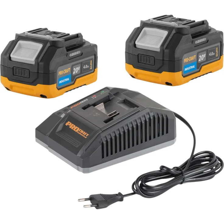 Procraft Starter Set 20 V C20/4, Ladegerät + 2x 20/4 Industrial Akku 4,0 Ah, leistungsstarke Lithium-Ionen Akkus für zuverlässige Energieversorgung