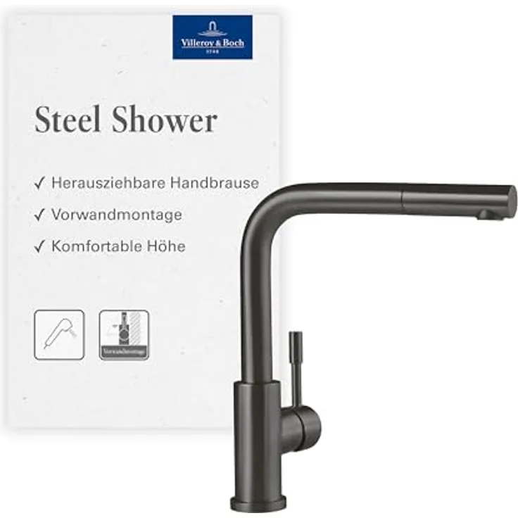 Villeroy & Boch Steel Shower Küchenarmatur, Hochdruck, mit ausziehbarer Brause und 360° Schwenkbereich, wassersparend, Anthracite