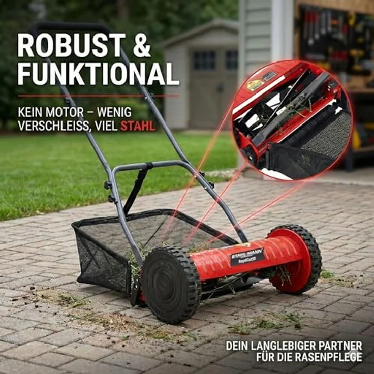 Stahlmann Benzinrasenmäher Spindelmäher RoyalCut - Manueller Rasenmäher mit 30 cm Schnittbreite, 27 Liter Fangkorb, 4-stufige Schnitthöheneinstellung – Bild 9