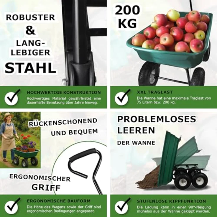 BITUXX Gartenwagen Handwagen 200 kg Tragkraft, kippbar, 75L Mulde, Stahlrahmen – Bild 2