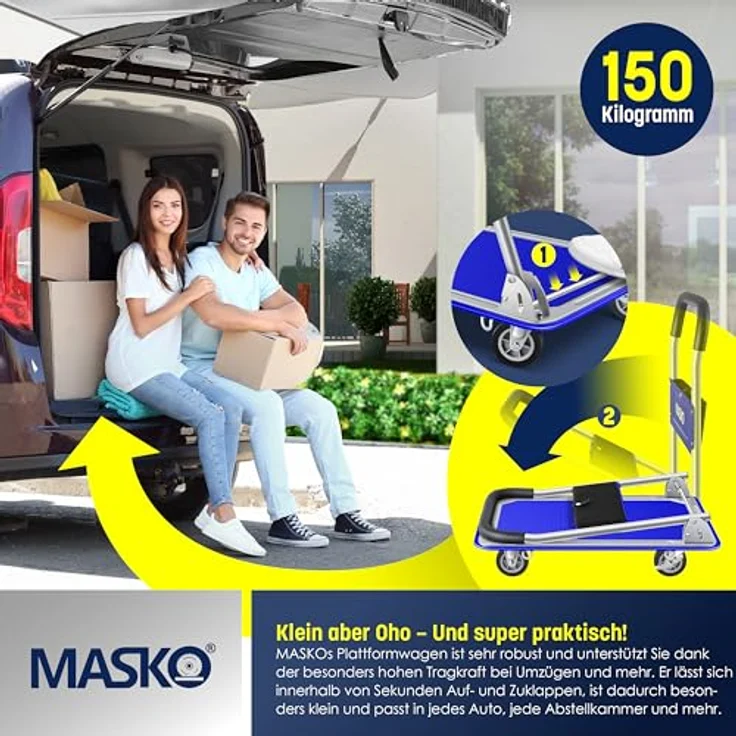 MASKO Transportwagen, Klappbarer Plattformwagen mit robustem Stahlrahmen, 150 kg Tragfähigkeit, Inkl. Arbeitshandschuhe – Bild 3