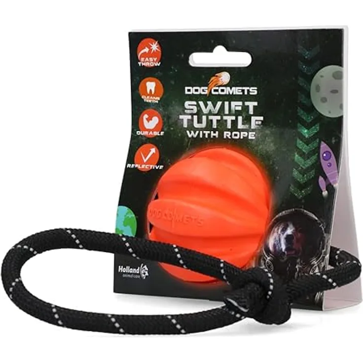 Dog Comets Ball Swift Tuttle mit Seil Hundespielzeug - Langlebiges Hundespielzeug - Naturkautschuk - Orange - Ø6 cm
