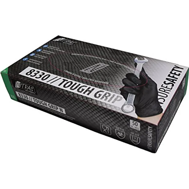 Nitras 50 Stück Nitril Einmalhandschuhe mit optimierter Griffigkeit Tough Grip N (M, schwarz)