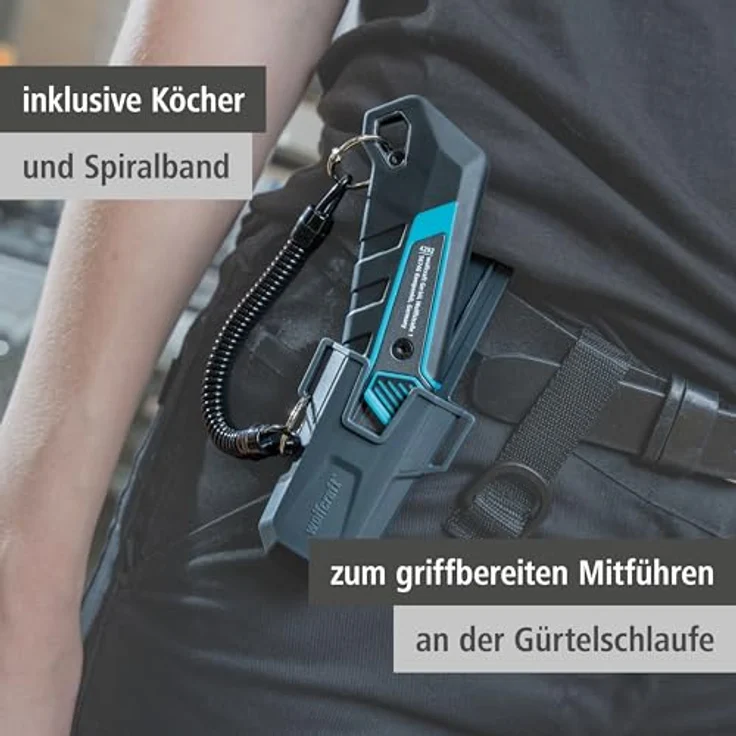 wolfcraft Trapezklingen-Messer PRO SAFETY, extrascharfe PRO SHARP-Klinge mit Köcher und ergonomischem Design, Schwarz – Bild 3