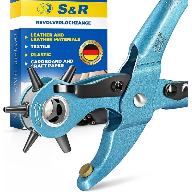 S&R Revolverlochzange MADE IN GERMANY, Gürtel-Lochzange / Leder-Locher, 1-tlg., 6 auswechselbare Lochpfeifen 2/2,5/3/3,5/4/4,5 mm. - Preisvergleich – Bild 1