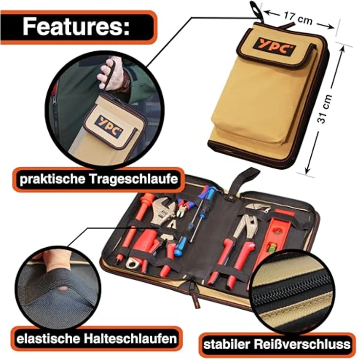 YPC ZipCaddy L – Werkzeugmappe mit 17 Halteschlaufen, großer Außentasche und wasserfestem Oxford 600D Material, Khaki – Bild 5