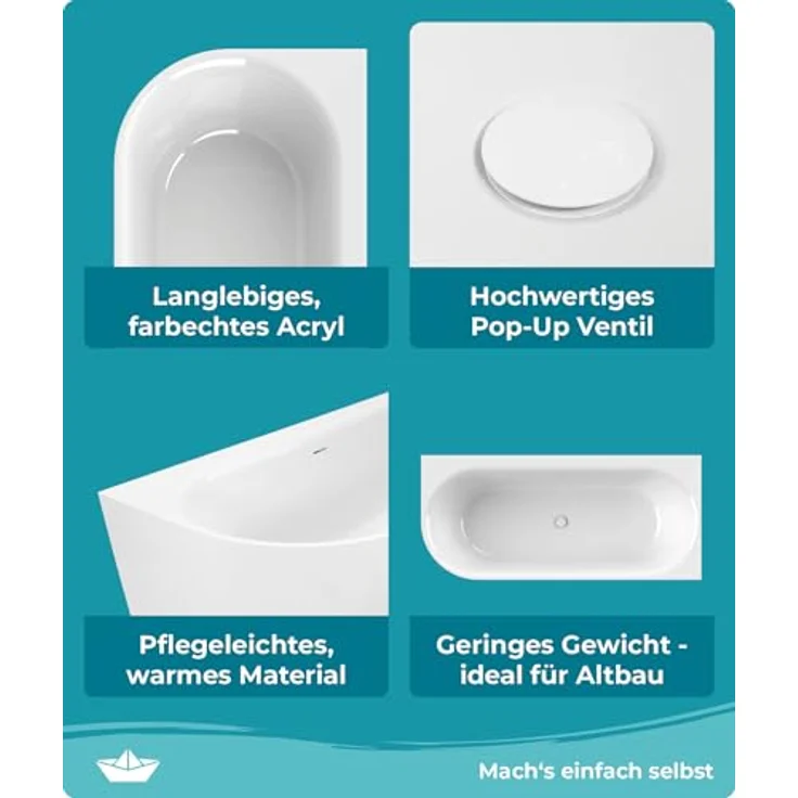 Calmwaters Badewanne Seamless Comfort, 5-tlg. Komplettset, 180 x 80 cm, fugenlos mit Pop-Up-Ventil, für 2 Personen, modulare Montage, 02SL6224 – Bild 5