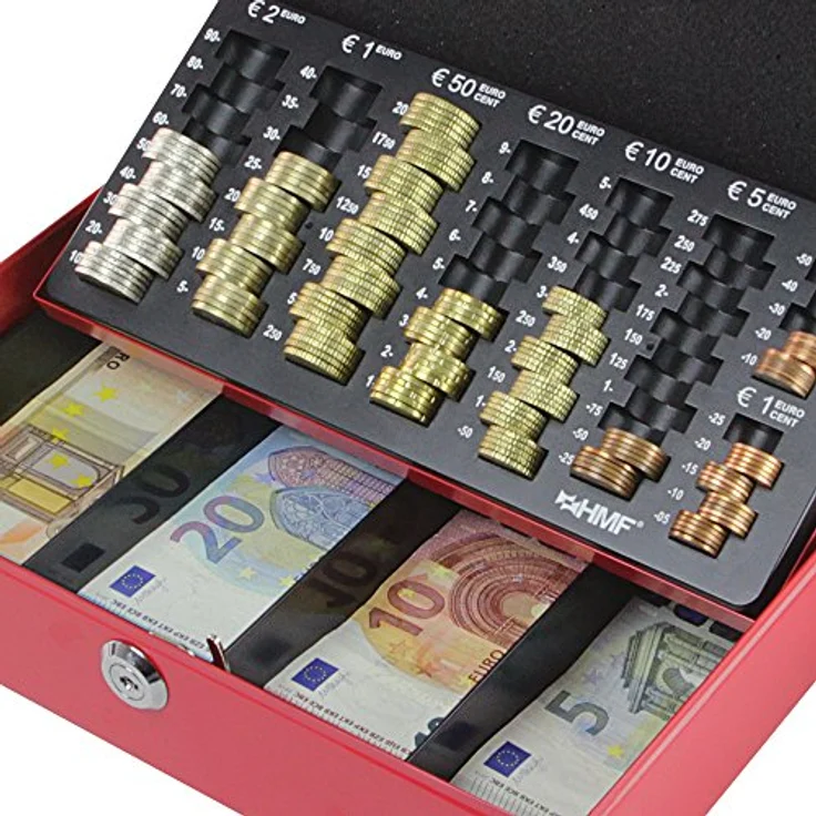 HMF 10015-03 Geldkassette Geldzählkassette 30 x 24 x 9 cm, Rot, Euro-Münzeinsatz, Banknotenfächer, Sicherheitszylinderschloss – Bild 5