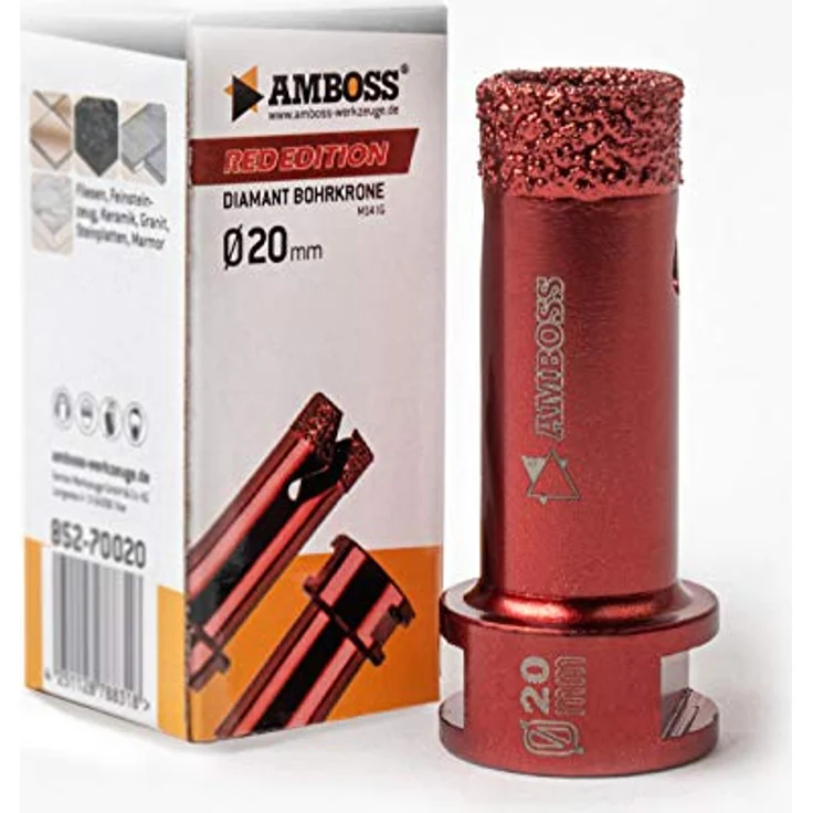 Amboss RED EDITION M14 Diamant Bohrkrone - für Winkelschleifer - Feinsteinzeug, harte Fliesen, Granit/Die ideale Trockenbohrkrone (Ø 20 mm) – Bild 1