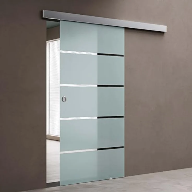 doporro Glasschiebetür Komplettset Softclose 90 x 215 cm | 15mm Wandabstand | ESG-Sicherheitsglas 8mm satiniert | Milchglas-Streifen | Muschelgriff | Amalfi-plus 11H – Bild 1