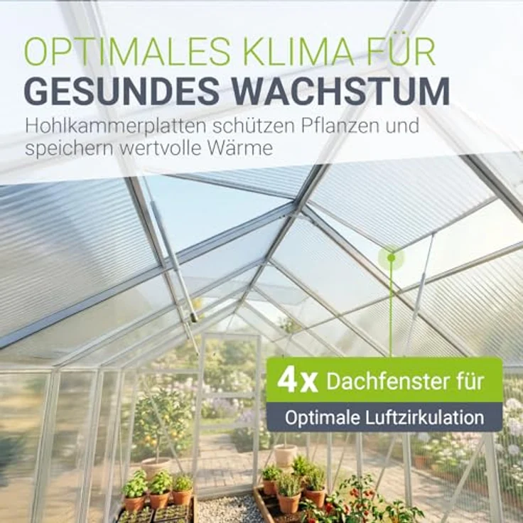 JUSKYS® Gewächshaus 7,2 m² - Aluminiumgestell & Stahlfundament, UV-beständig, abschließbare Schiebetür, belüftbare Dachfenster 61x57 cm, mit Regenrinnen – Bild 3