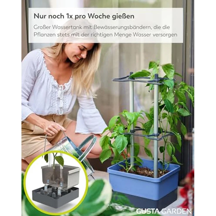 Gusta Garden Pflanzkübel CHARLY CHILI, Chilitopf mit automatischem Bewässerungssystem und stabiler Rankhilfe, regular blau – Bild 4