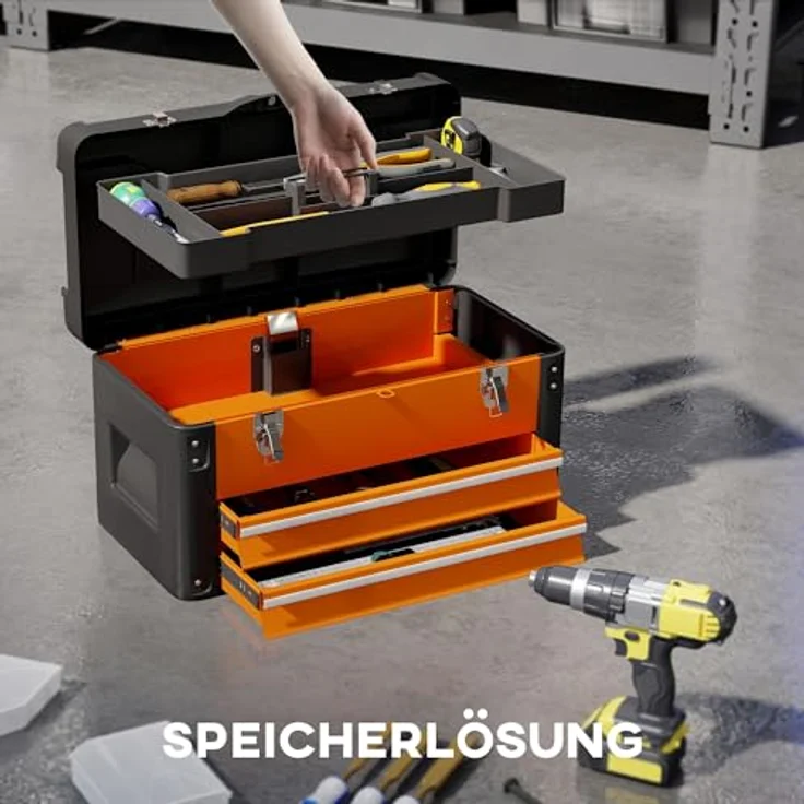 HOMCOM Werkzeugbox mit 2 Schubladen und Mini-Box, Stahl, orange, 49,7 x 25,3 x 28,9 cm, mit handlichem Tragegriff – Bild 3