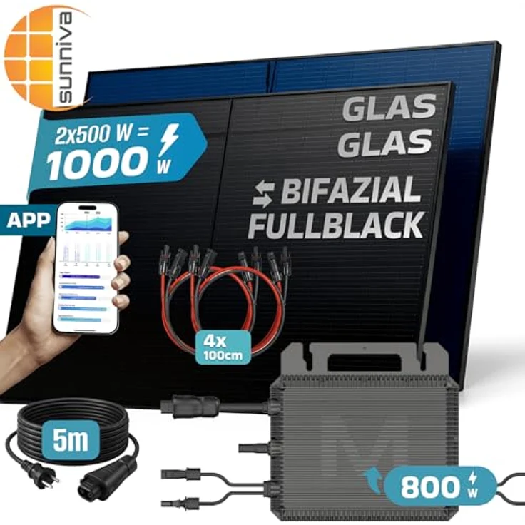 SUNNIVA® 1000W Balkonkraftwerk BIFAZIAL FULLBLACK, 2x 500W Glas-Glas Solarmodule, MARSTEK 800W Wechselrichter, inkl. 5m Kabel, Bluetooth WIFI, Komplettset – Bild 2