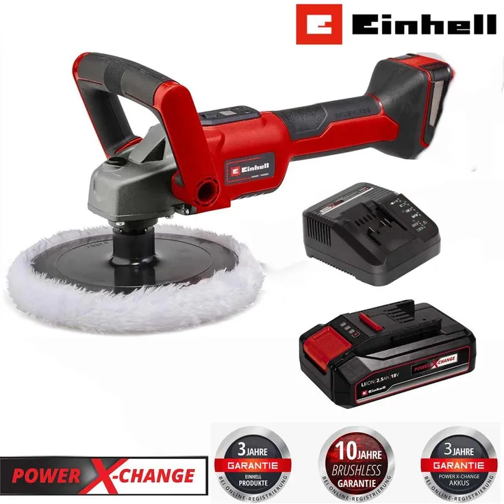 Einhell Akku-Poliermaschine CE-CP 18/180 Li 18V, 2.5 Ah, mit PurePOWER Brushless Motor