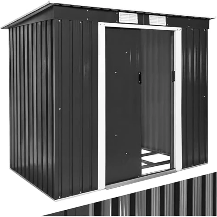 tectake® Metall Gartenhaus mit Schrägdach, Geräteschuppen Garten, 4 m³ Lagerfläche - grau/weiß, Schiebetür und Metallfundament – Bild 1