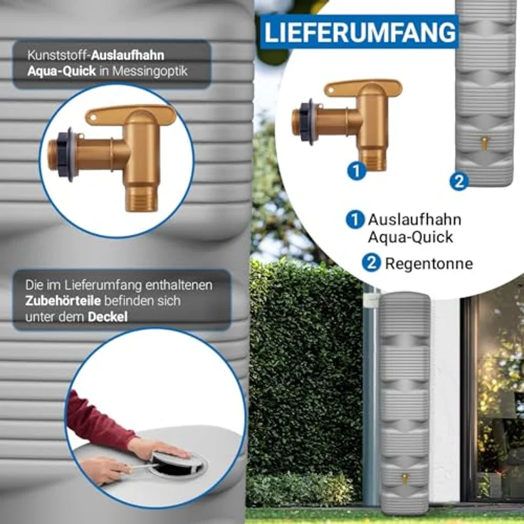 4rain Quadro Regentonne 270 Liter, betongrau, Wandtank aus witterungsbeständigem Recyclingkunststoff mit vielseitiger Wasserentnahme und platzsparendem Design – Bild 4
