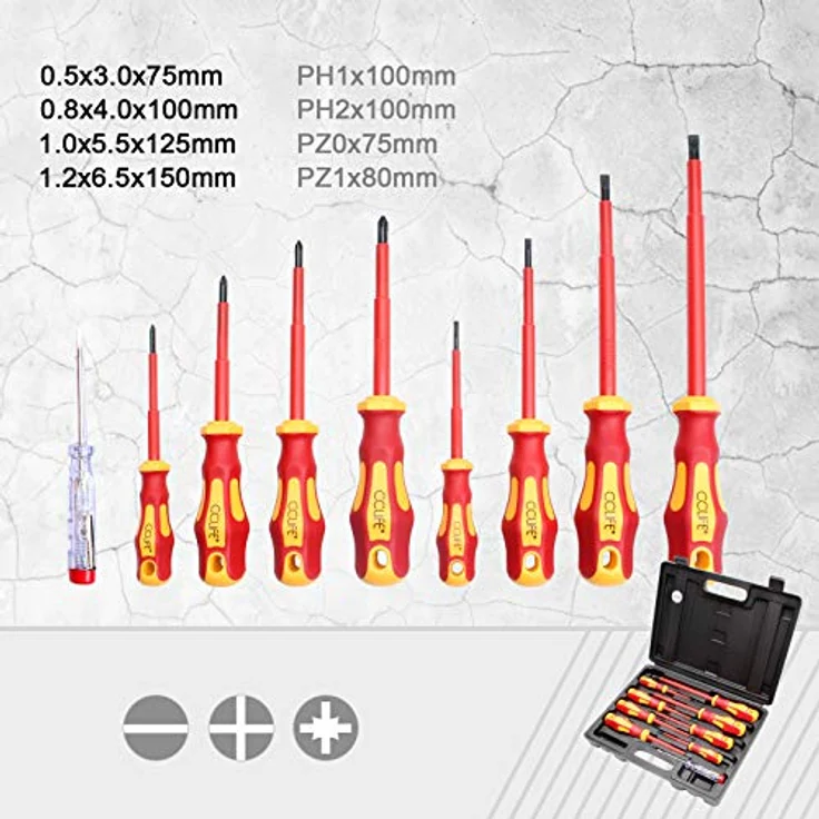 CCLIFE 9 tlg VDE Isolierter Schraubendreher Schraubenzieher Satz inkl.Spannungsprüfer Schlitz & PH & PZ Set – Bild 4