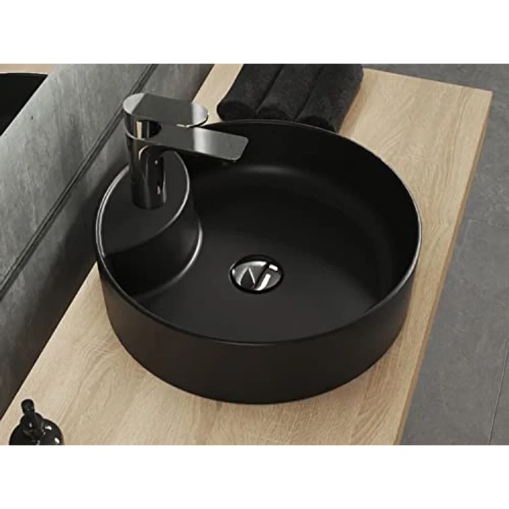 Aqua Bagno | Rundes Aufsatzwaschbecken mit Hahnloch schwarz matt, Keramikbecken, Handwaschbecken | 42 cm breit – Bild 2