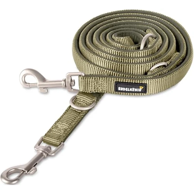 Rudelkönig Führleine Bella, 2,30m verstellbare Hundeleine für mittelgroße & große Hunde, weiche Khaki Lederleine aus Neopren & Nylon – Bild 1