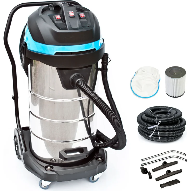 BAUTEC Industriesauger 100 Liter 3.400 Watt » Set 3 inkl. 10m Saugschlauch & Düsen- und Filterset » Nass-Trockensauger, Edelstahl-Farbe