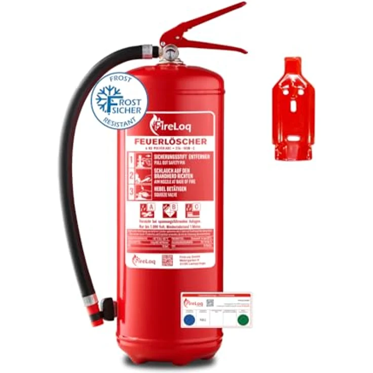 FireLoq 6kg Pulver Feuerlöscher für Brandklasse ABC, geprüfter Dauerdrucklöscher mit 9 LE, inkl. Prüfnachweis, Wandhalter und Manometer – Bild 1