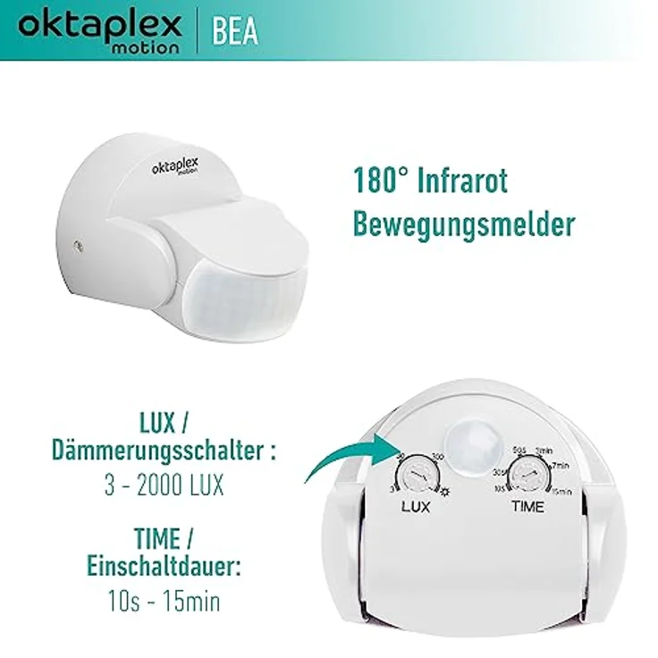 Oktaplex motion Oktaplex Bea Bewegungsmelder Außen IP65 schwenkbar 180° Infrarot-Sensor 12m Reichweite 230V weiß mit Dämmerungssensor – Bild 3