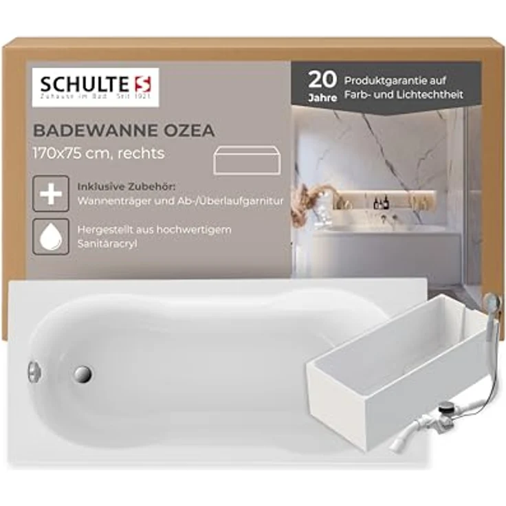 Schulte Badewanne Ozea, 170x75 cm, Komplettset inkl. Wannenträger und Ablauf, aus hochwertigem weißen Acryl, ergonomische Form mit schalldämmenden Eigenschaften – Bild 1