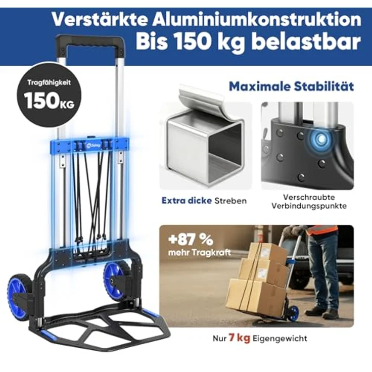 Sekey Sackkarre SK2, Klappbar, 150 kg Tragkraft, XXL Anti-Rutsch-Plattform, höhenverstellbar 77/107cm, Aluminiumrahmen, inkl. 2 Expanderseile, schwarz/blau – Bild 2