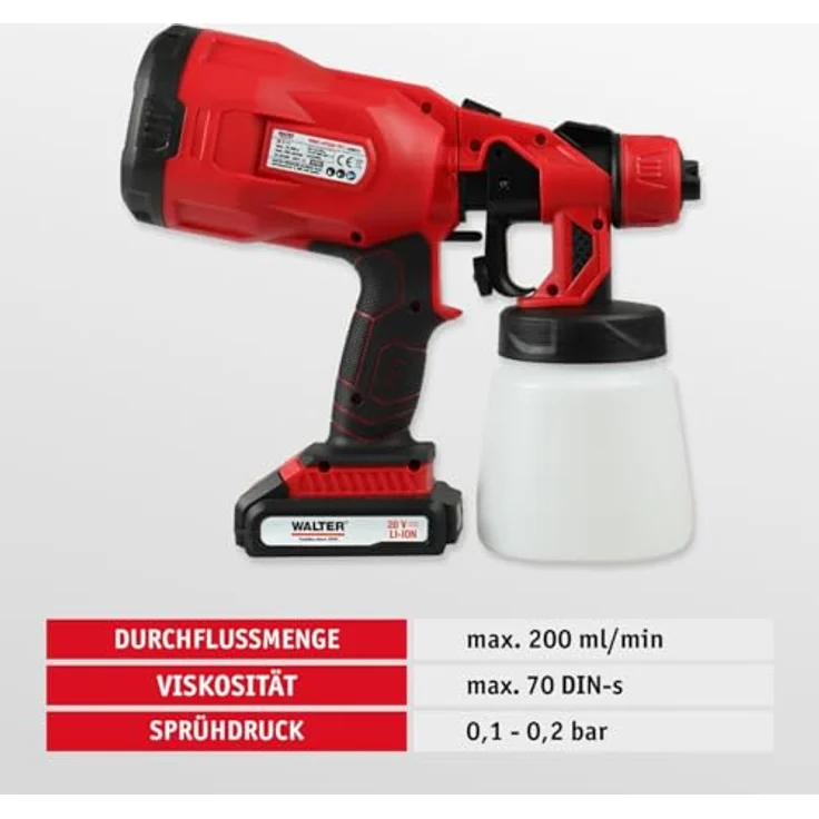 WALTER Farbsprühgerät Farbsprühsystem 20 V, 10-tlg Set mit 2 Sprühaufsätzen, 2 Behältern & Akku für DIY-Projekte – Bild 4