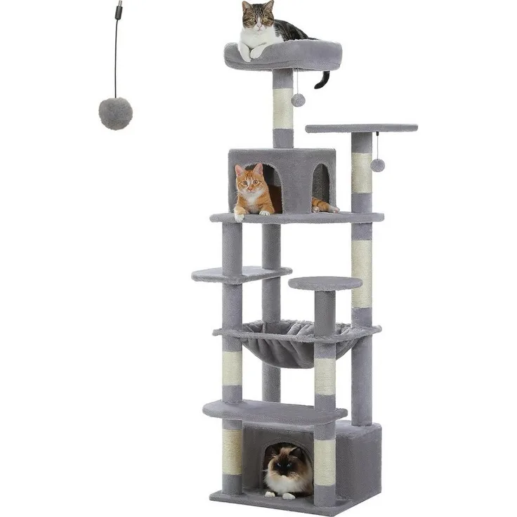 purplerain Kratzbaum Katzenturm mit Hängematte und Katzenhöhle, 3 Höhen, Sisal überzogenen Kratzsäulen, gepolsterten Habitaten, S-135cm, M-165cm, L-185cm