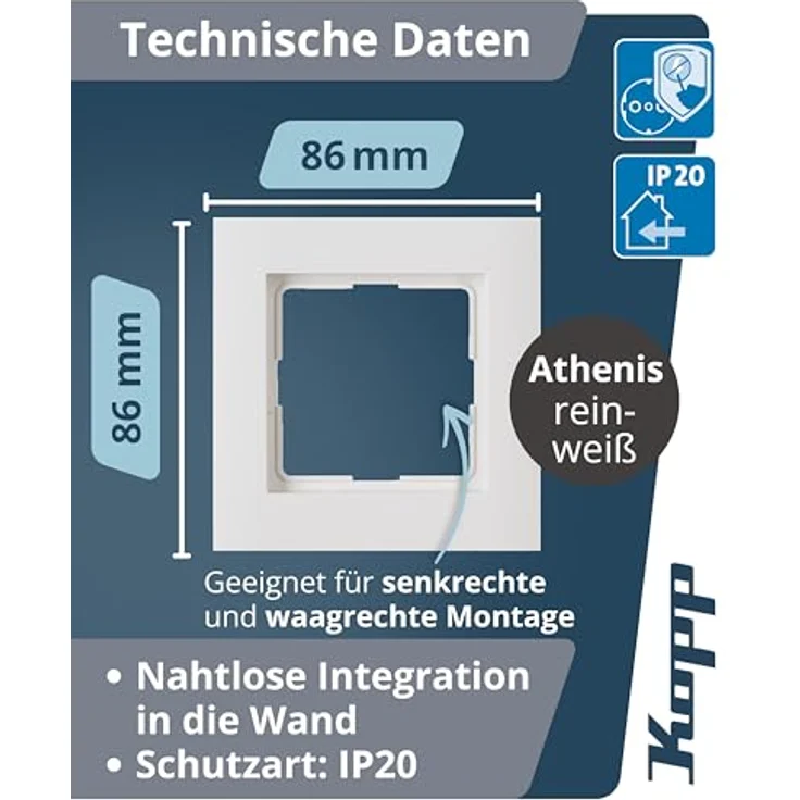 Kopp Abdeckrahmen Athenis, reinweiß, 1-fach, Profi-Pack mit 10 Stück, IP20 Schutzart für Innenbereich – Bild 2