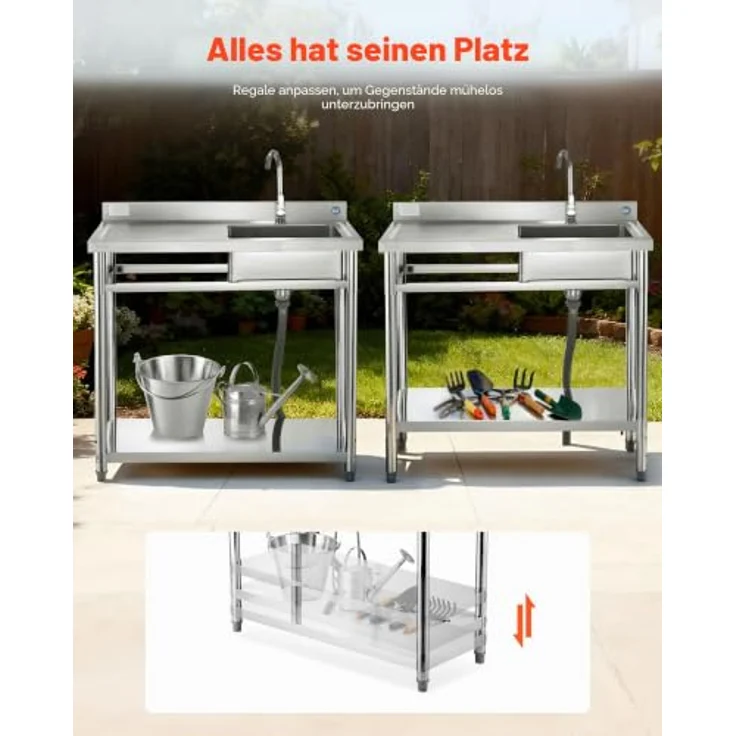 VEVOR Edelstahl Spültisch mit Einzelbecken (100 x 50 x 94 cm), 360° Wasserhahn, verstellbare Ablage, vielseitig einsetzbar für Küche, Garage, Restaurant und Wäscherei – Bild 3