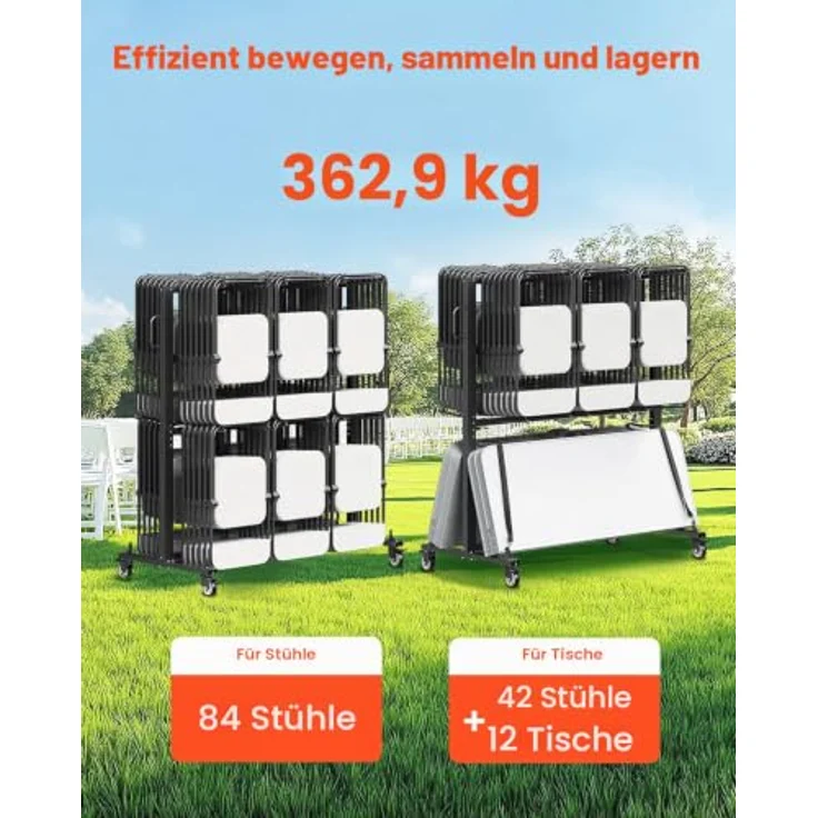 VEVOR Klappstuhlständer, doppellagiger Stuhlwagen für 84 Stühle/12 Tische, 361 kg Tragkraft, mattschwarz mit Gummirädern und Staubschutzhülle – Bild 2