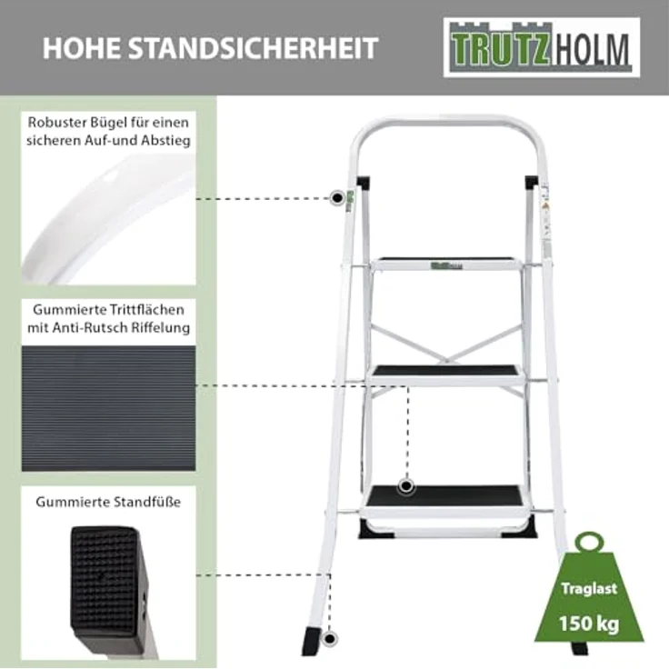 TRUTZHOLM Trittleiter 3 Stufen klappbar, TÜV/GS zertifiziert, 150 kg Traglast, Anti-Rutsch Trittflächen, Sicherheitsverriegelung, Stahl Leiter (Weiß) – Bild 4