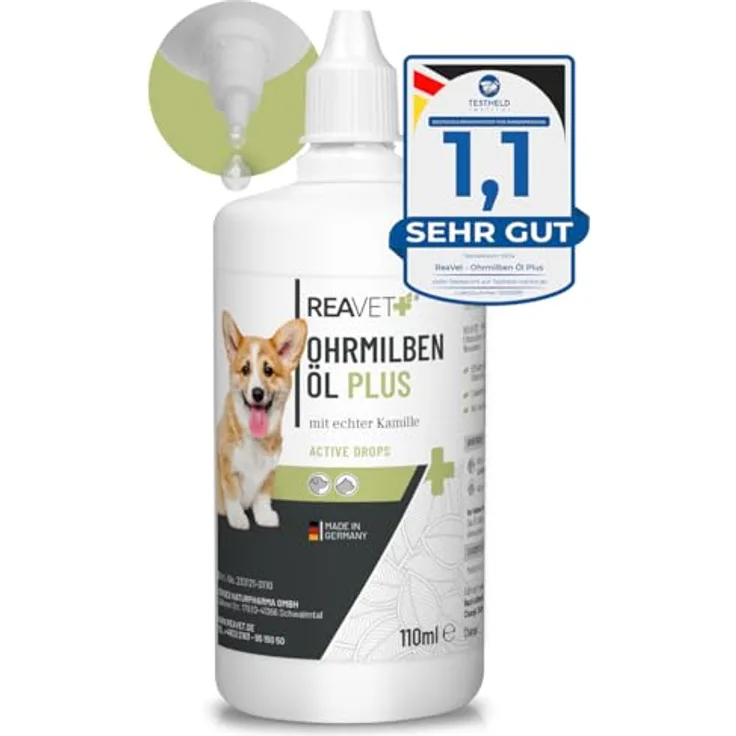 ReaVET TESTURTEIL SEHR GUT 01/24 Ohrmilbenöl Plus 110ml sofort wirksames Mittel für Hunde – gegen Ohrmilben mit Kamille, Sanfte Pflege bei Juckreiz im Ohr, Ohrentropfen Milben, Ohrenreiniger