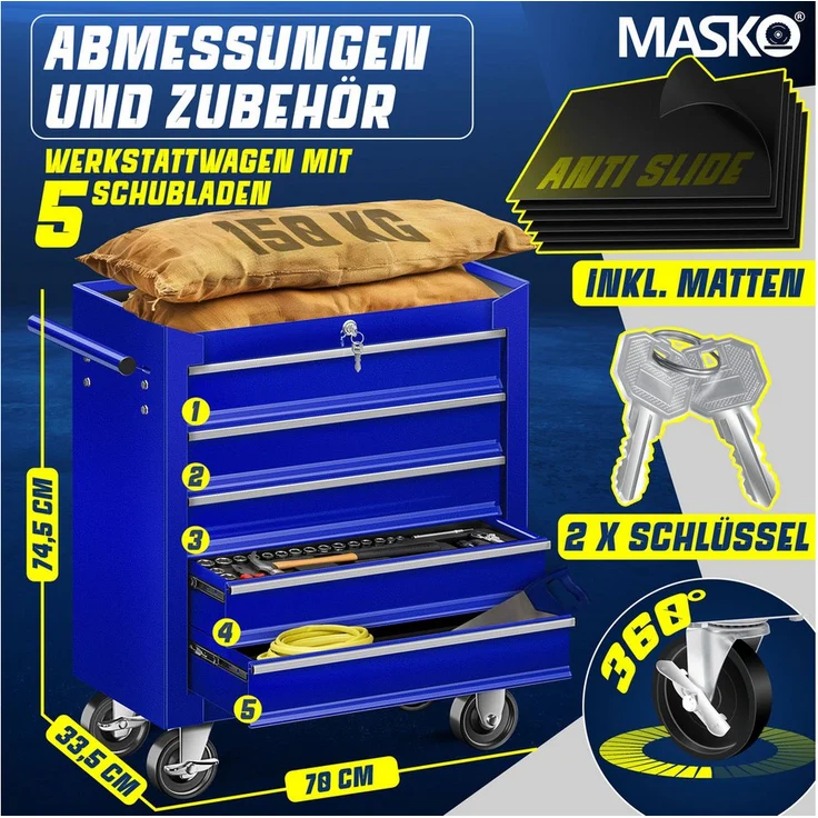 MASKO Werkstattwagen Profi Werkzeugwagen mit 5 Schubladen, abschließbar, massives Metall, Blau, Rollwagen zur Werkzeugaufbewahrung mit Schloss & 2 Schlüssel