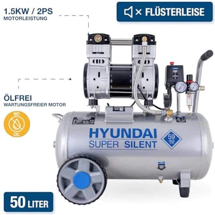 HYUNDAI Silent Kompressor SAC55753 (8 bar, 50L, ÖLFREI, 59 dB, 1.5 kW / 2.0 PS) – Bild 2