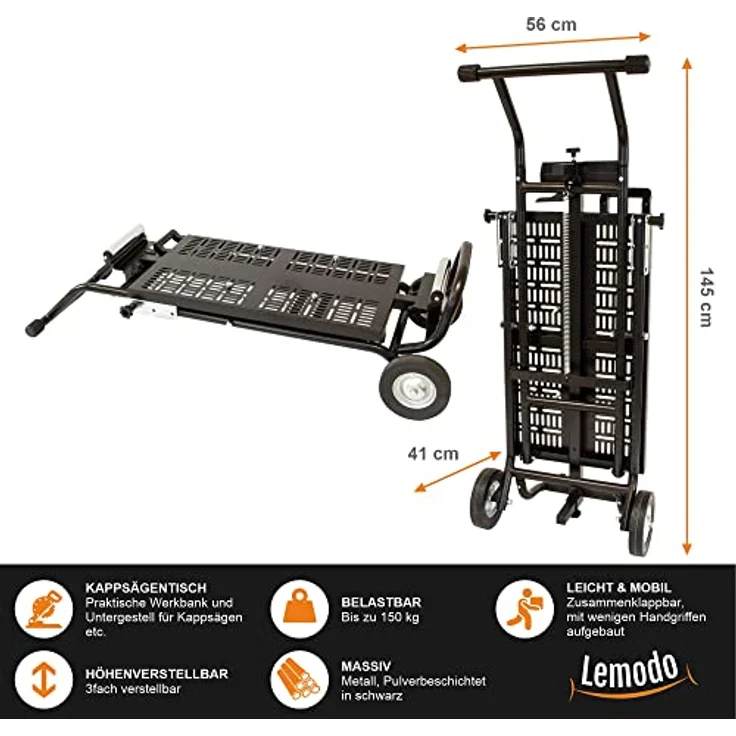 Lemodo mobile Werkbank, höhenverstellbarer Kappsägetisch, klappbar, schwarz, mit Transportrollen – Bild 4