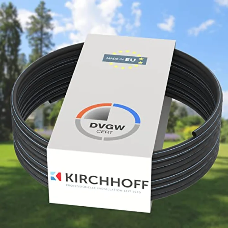 Kirchhoff Wasserleitung für Gartenbewässerung 25 mm x 100 m | PE Rohr für Sprinklersystem | Verlegerohr HDPE | DVGW | Trinkwasserleitung | Made in EU