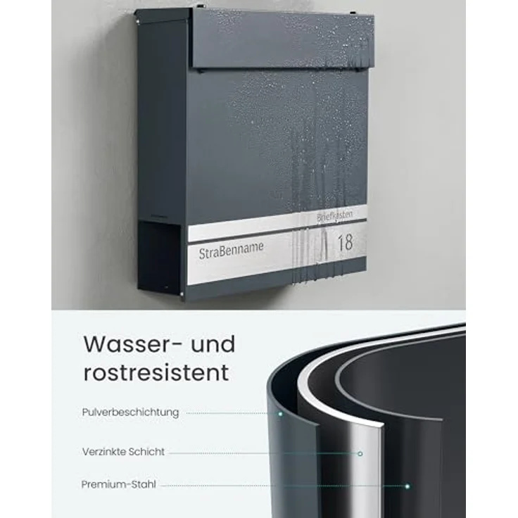SONGMICS Briefkasten GMB090G01, personalisierbar mit Namensschild und Hausnummernschild, anthrazitgrau, Softclose-Deckel, abschließbar, Zeitungsfach, leichte Montage, 10,5 x 37 x 37 cm – Bild 4