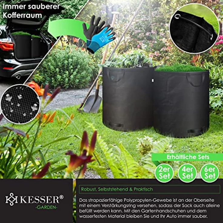 KESSER® Gartensack 2x 500L Set Laubsack Gartenabfallsack inkl. Handschuhe - Selbststehend 4 Griffe Stabil Robust & Faltbar - Laubsäcke Rasenschnitt für Gartenabfälle Grünschnitt Schwarz – Bild 4